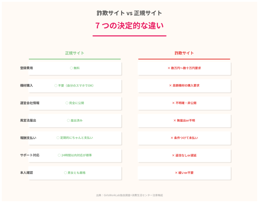 詐欺サイト vs 正規サイト｜7つの決定的な違い
