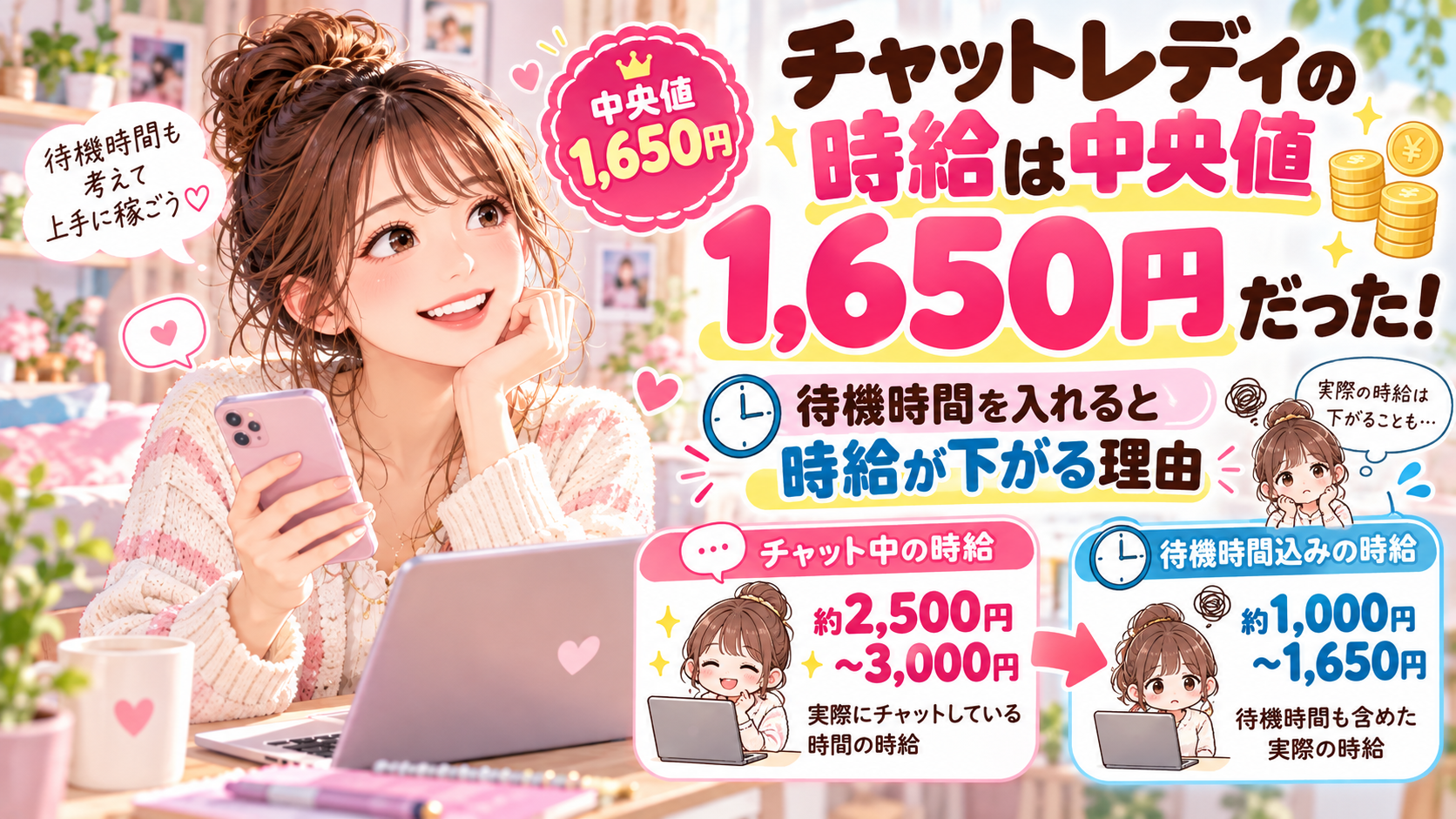 チャットレディの時給は中央値1,650円だった！待機時間を入れると時給が下がる理由