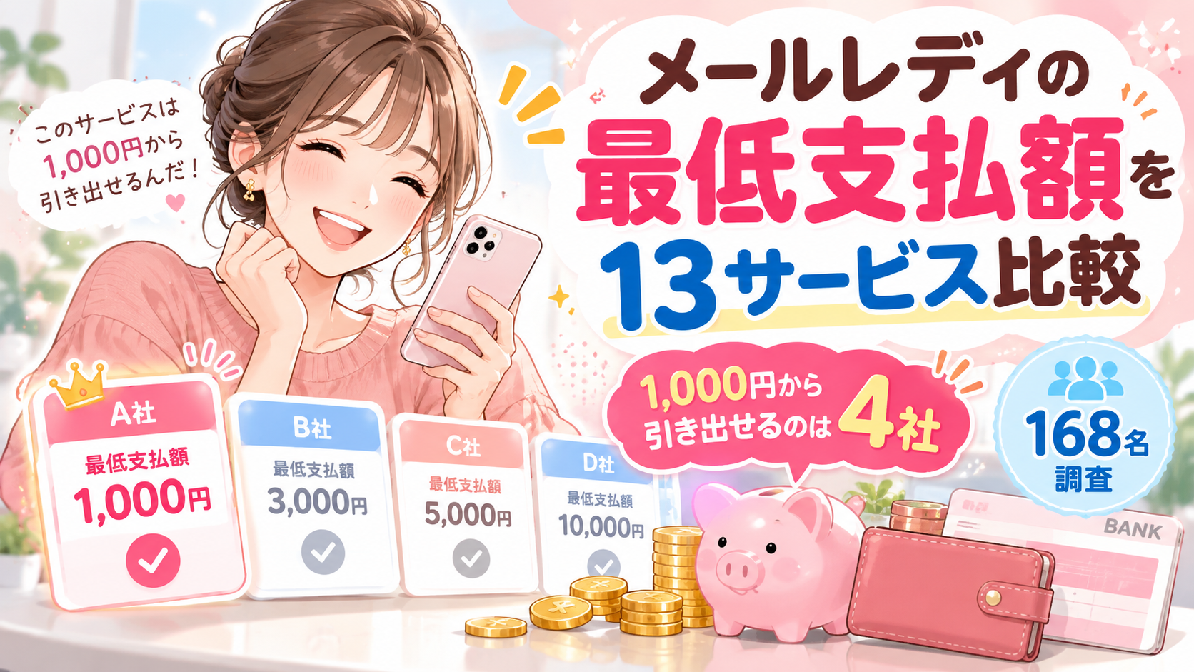 メールレディの最低支払額を13サービス比較！1円から引き出せるのはどこ？【168名調査】