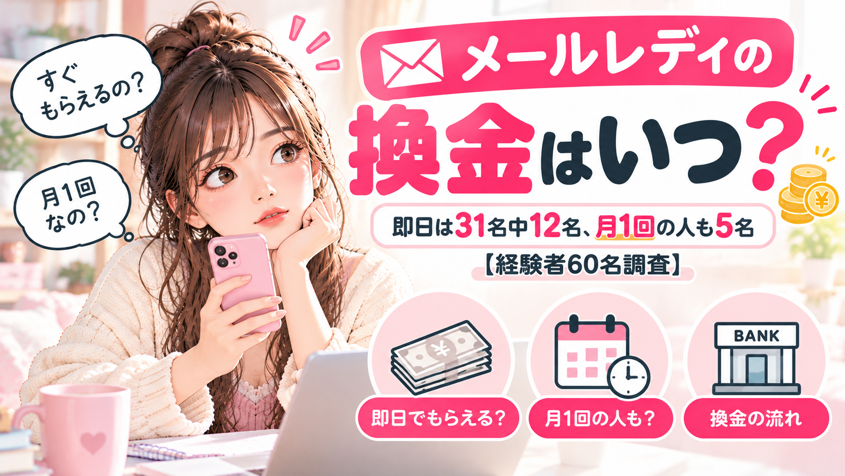 メールレディの換金はいつ？即日は31名中12名、月1回の人も5名【経験者60名調査】