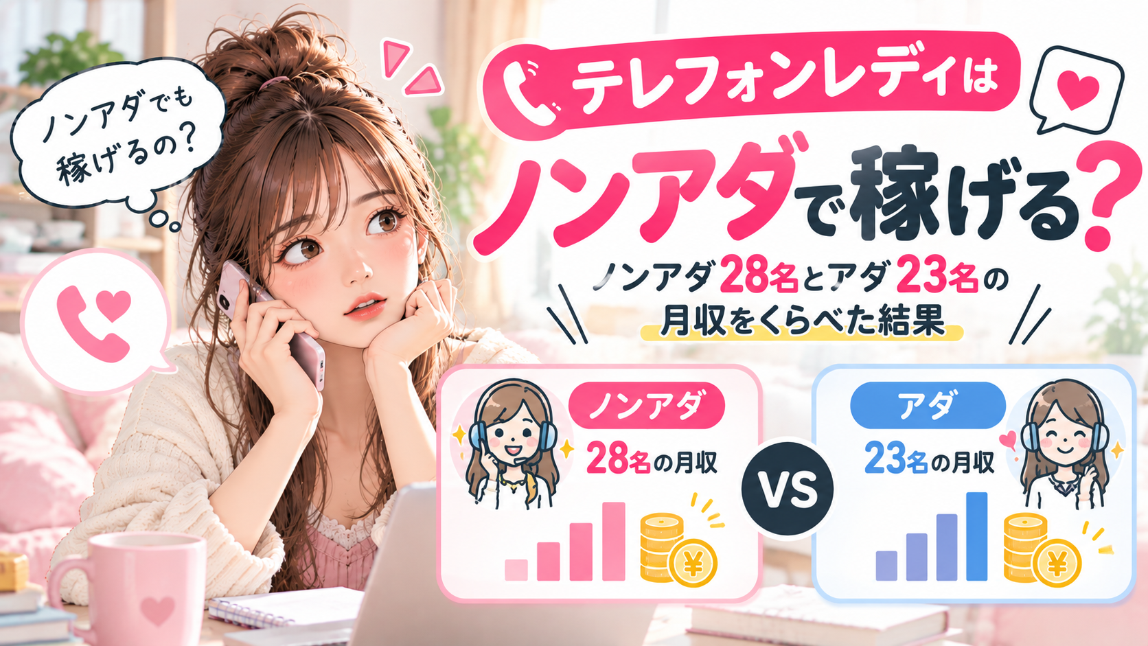 テレフォンレディはノンアダで稼げる？ノンアダ28名とアダ23名の月収をくらべた結果